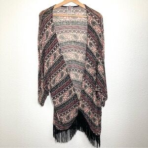 Mauve Anthropology Paisley Kimono Cardigan Medium Fringe Open Front Boho Brown